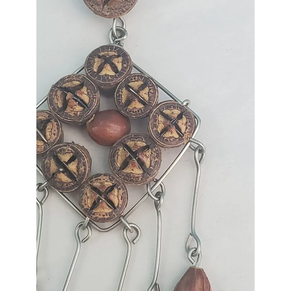 Vintage Black Walnut Shell Slice Brooch Pin Botanical Seed Boho Dangle Folk Art
